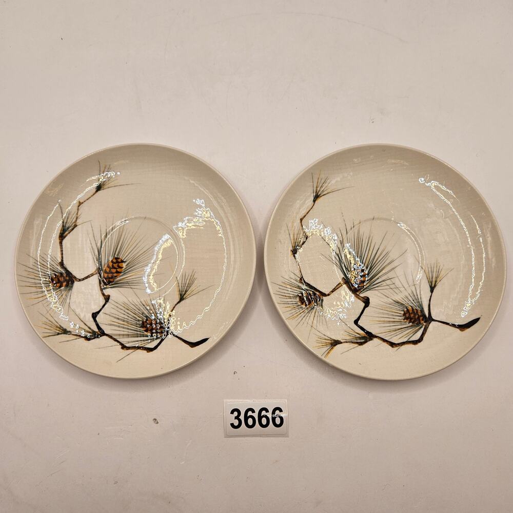KANEDAI JAPAN CANYON PINE HAND PAINTED PINECONE SAUCER PLATES SET OF 2